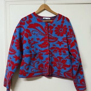 Zara Vibrant Red and Blue Floral Cardigan
